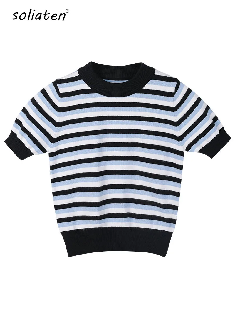 

Летняя Новинка, синяя полосатая трикотажная Повседневная футболка, уличная одежда, облегающие женские укороченные футболки с коротким рук...