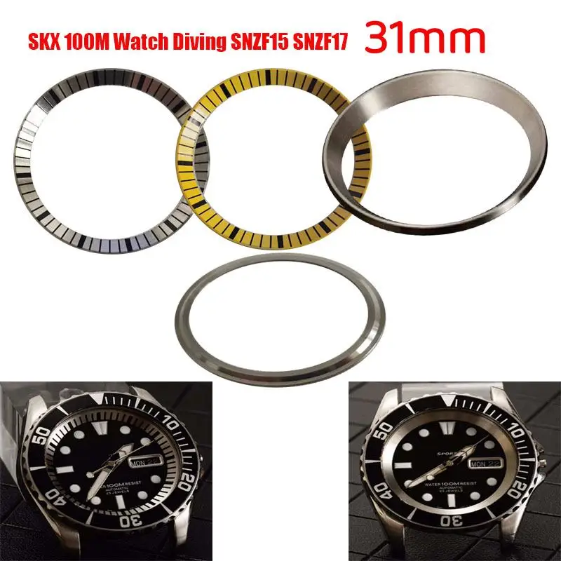 Фото Детали для часов из нержавеющей стали 31 мм SKX 100M Dive SNZF17 SNZF15, серебристо-желтое кольцо с главой, кольцо со шкалой, подходит для часов Seiko Dive №1
