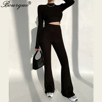 new spring autumn women tracksuit two piece long sleeve short top and high waist casual flared pants fashion slim female suit