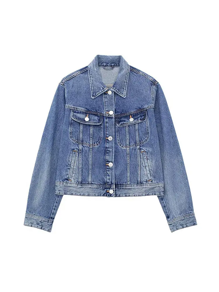 

Vintage Pocket Washed Denim Jacket Women Fashion Lapel Long Sleeve Coat 2023 New Spring Autumn Casual Female Streetwear
