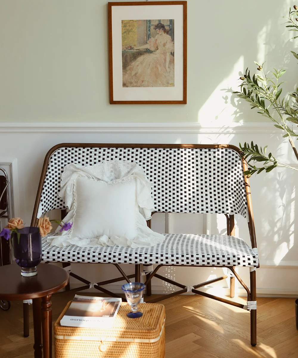 

Французский винтажный двойной диван из ротанга, стул из ротанга для маленькой квартиры, балкона, кафе, уличная скамья