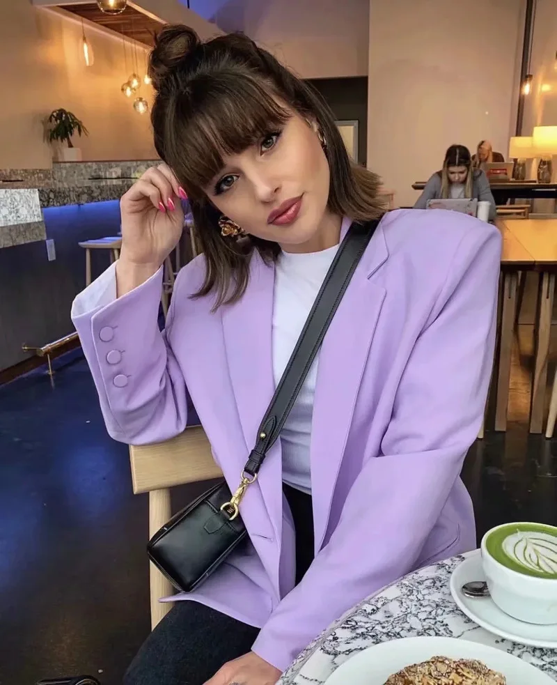 INS Purple Chic Blazer Suit Women Simple All Match Loose Casual Blazer New Office Lady Solid Colors Breasted Commute Suit Single