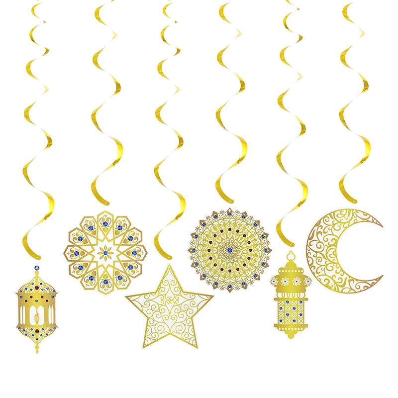 

6pcs Eid Mubarak Spiral Banner Islamic Muslim Gold Swirl Eid Pendant Bunting Hajj Mubarak Festival Party Ramadan Home Decoration