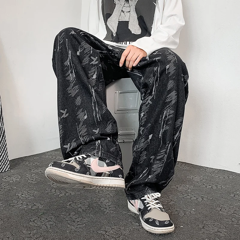 Summer Blue Black Jeans Men Fashion Retro Printed Jeans Men Streetwear Hip Hop Loose Straight Denim Pants Mens Trousers S-3XL