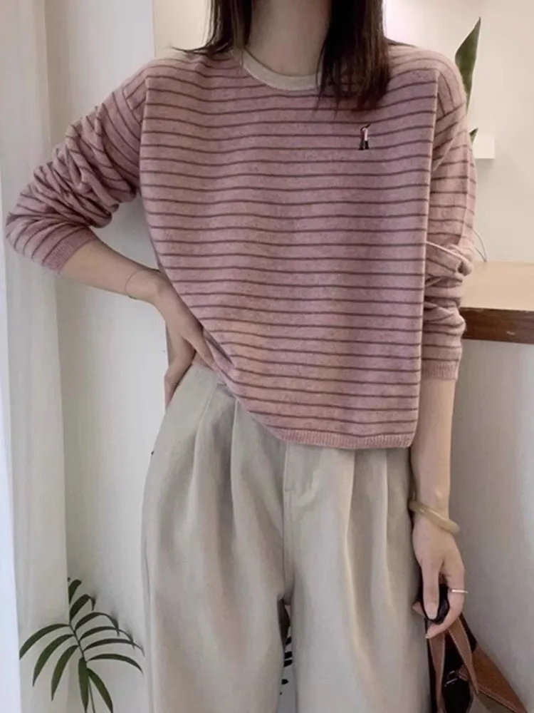 Осенне-зимняя удобная и универсальная рубашка в полоску с круглым вырезом