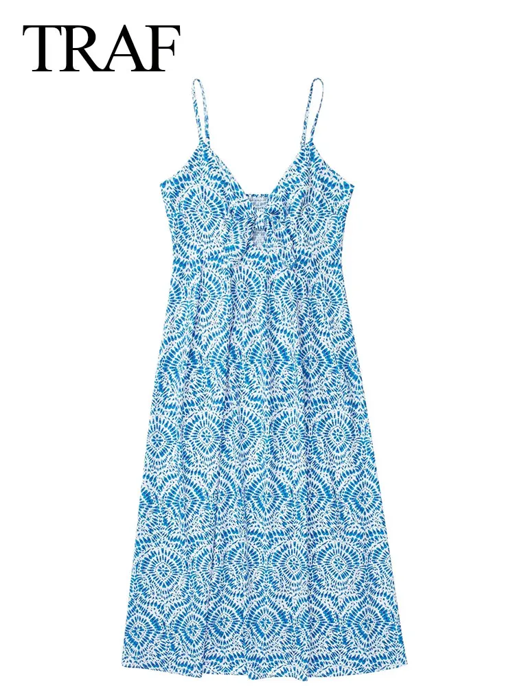 

TRAF Fashion Retro Blue Print V-Neck Bow Lace Ladies Dress Casual Elegant Lightweight Long Back Elastic Loose Sling Dress