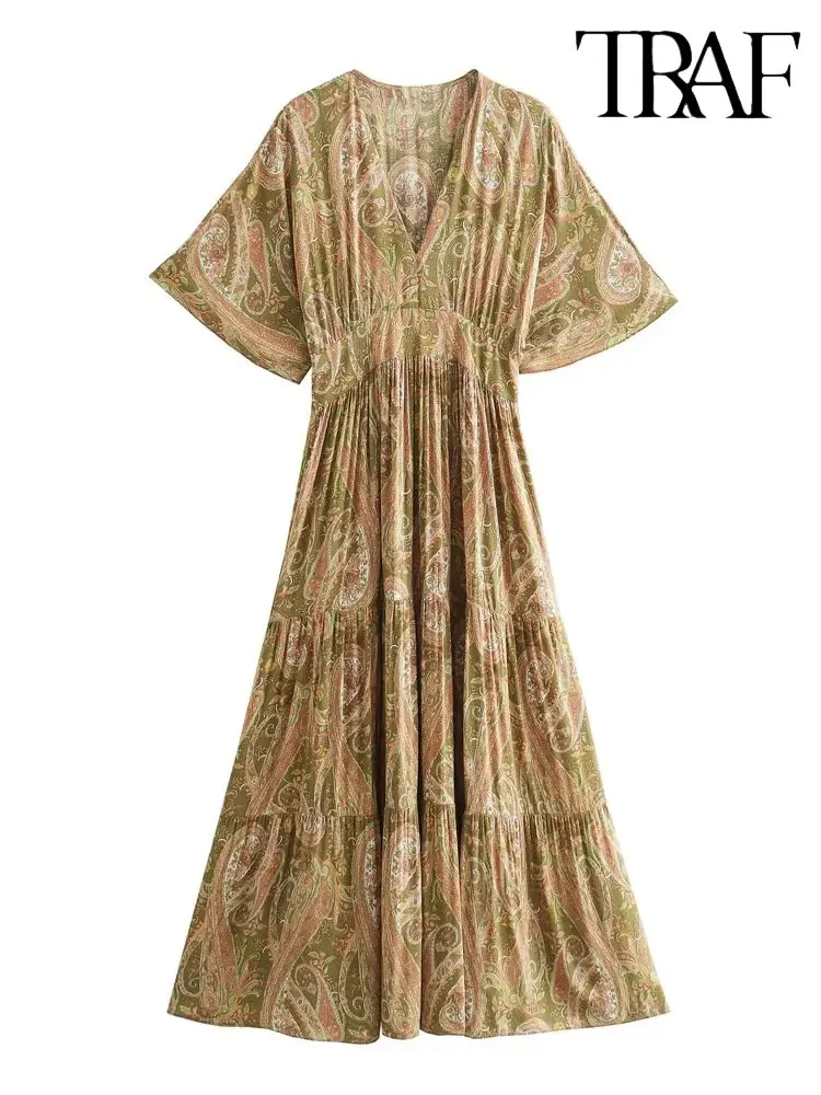 

TRAF Paisley Print Pleated Dress Woman Boho Long Dresses for Women Short Sleeve Midi Female Dress Beach Summer Dress Women 2023