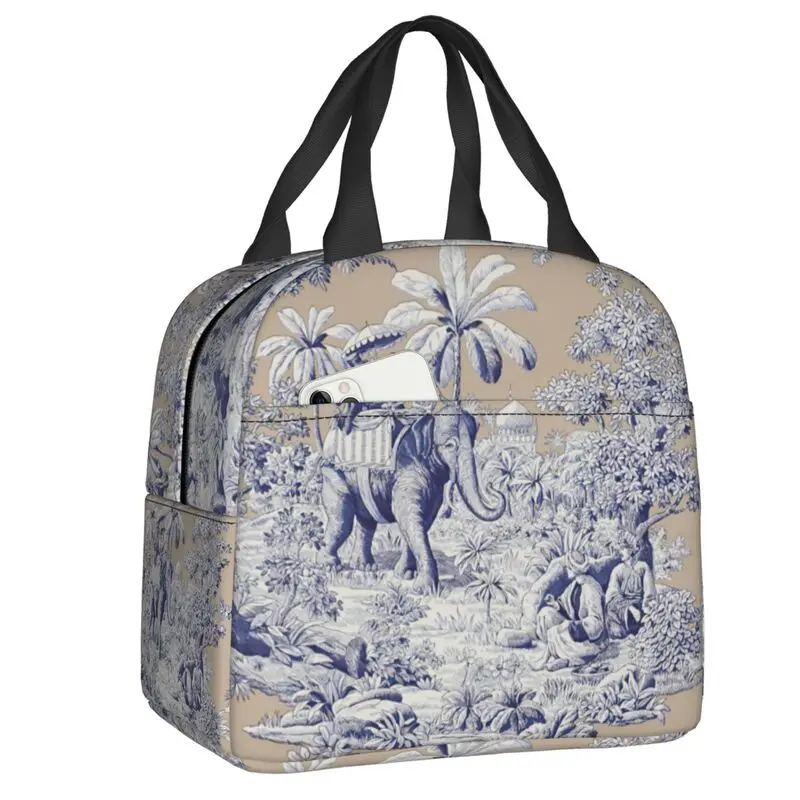 

Темно-синий холст De Jouy, термоизолированная сумка для ланча со слоном, женская сумка для ланча для пикника на открытом воздухе, коробка для еды, бэнто