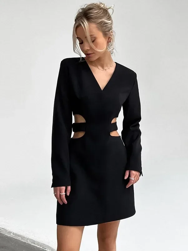 Женское ажурное платье с V-образным вырезом маленькое черное офисное