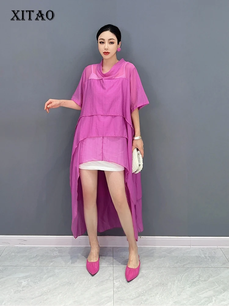 XITAO Solid Color Asymmetrical Loose Dress Pullover Stand Collar Mid-calf 2023 Summer New Casual Fashion All Match DMJ1901