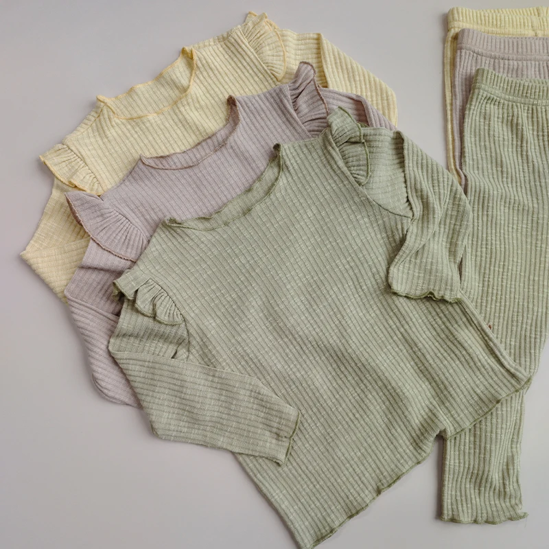 

Girls Cotton Clothes Sets for Autumn Kids Ruffle Sleeve Top and Pants 2pcs Suits Solid Color Kids Clothing
