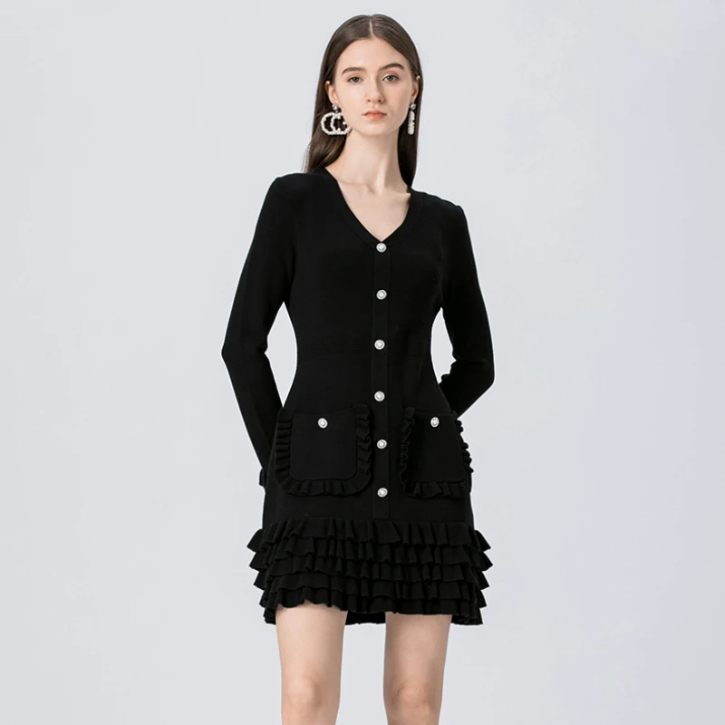 

Женское трикотажное платье-свитер с V-образным вырезом и длинным рукавом