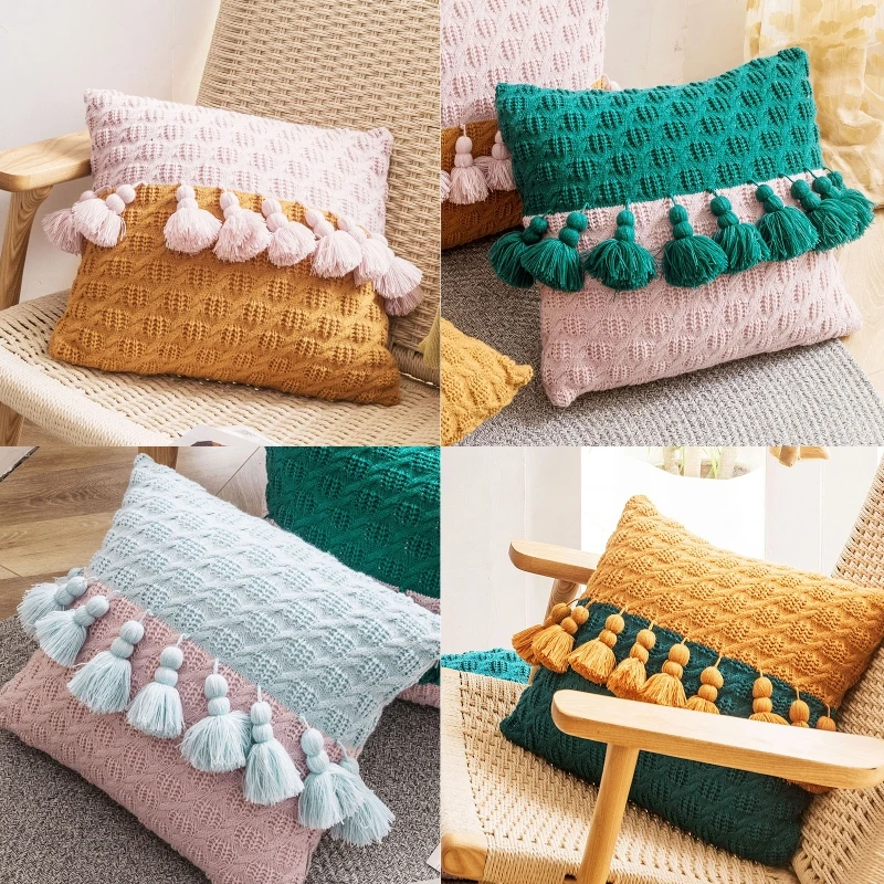 

Вязаная подушка в скандинавском стиле для оформления заднего вида с кисточками в стиле пэчворк в стиле бохо декоративная подушка контрастных цветов для кровати