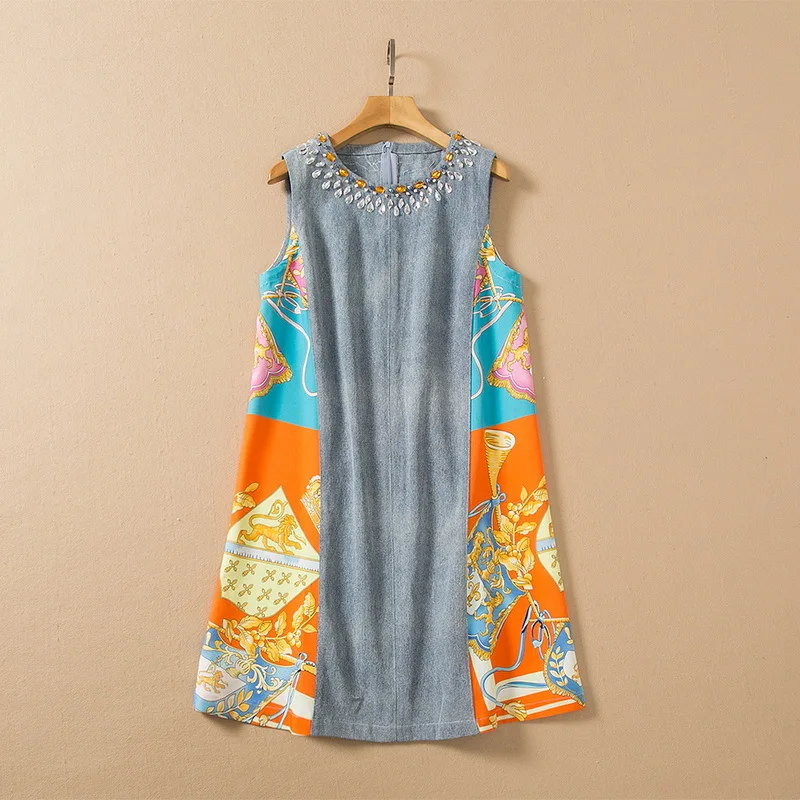 European and American women's wear spring 2022 new Sleeveless beaded jean Mosaic print Fashion dress