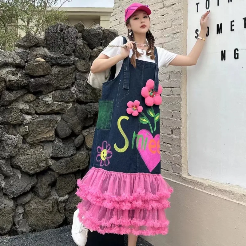 Женское джинсовое платье на бретельках голубое или розовое длинное Сетчатое из