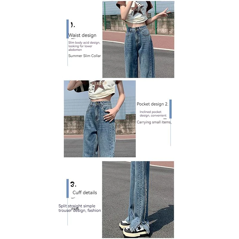 High waisted slit jeans for women's 2023 new long pants dark blue autumn and winter high street wide legs loose and slim micro f