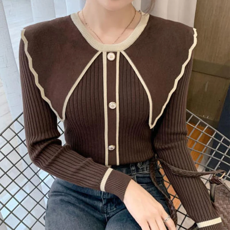 

Ardm Korean Fashion Peter Pan Collar With Button Contrasting Colors Sweaters Long Sleeve Top Sweet Winter Black Pull Femme