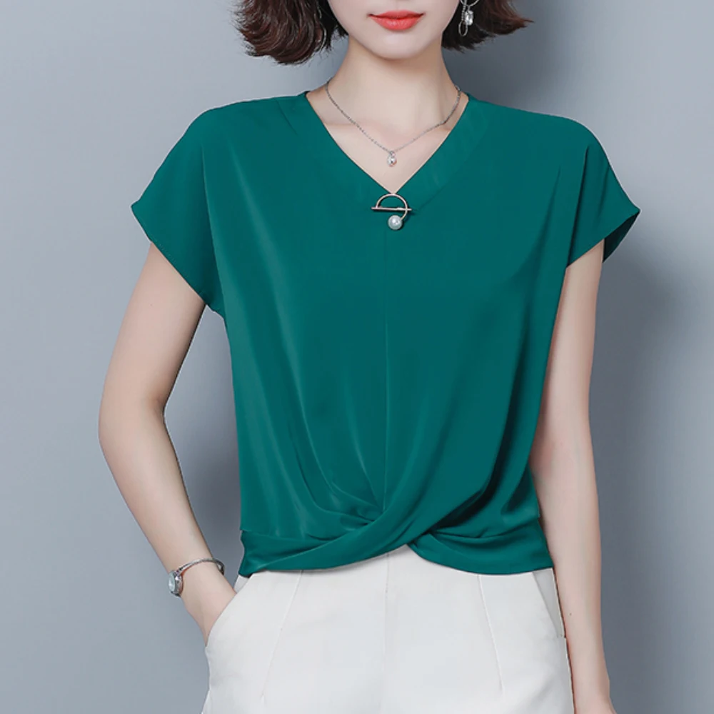 

2022 New Short Sleeve Womens Shirts V-Neck Loose Korean Version Shirts Solid Color Chiffon Shirts Womens Tops