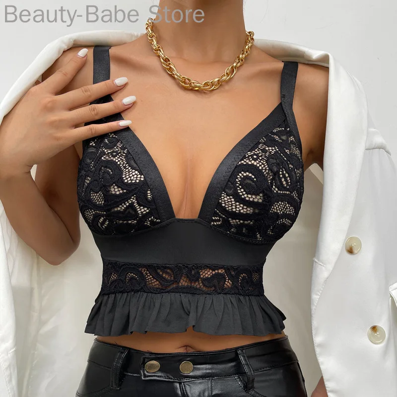 

Women Sexy Deep V Neck Lace Ruffles Design Backless Cami Top