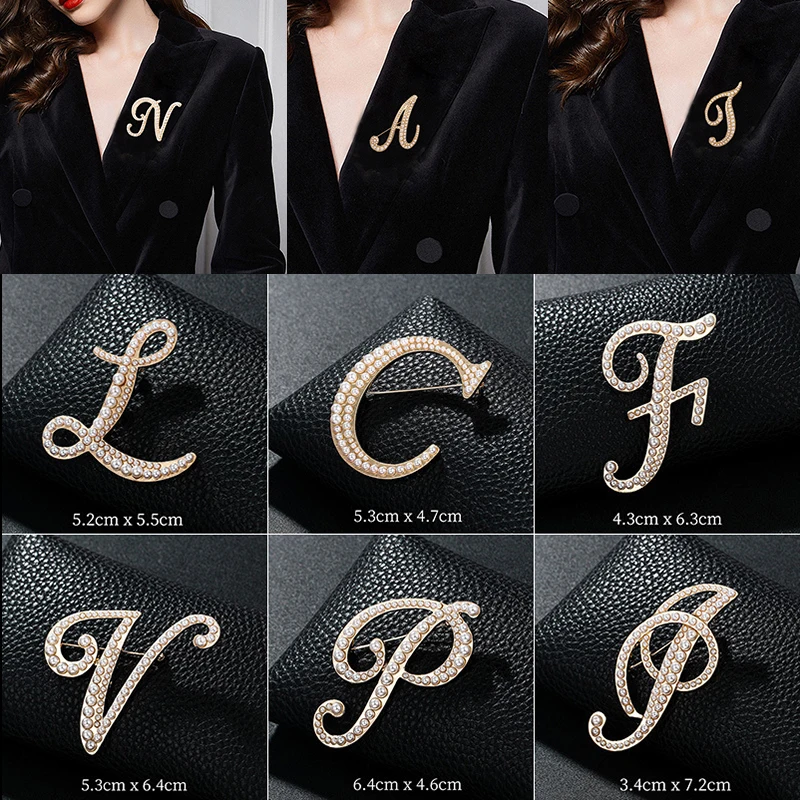 

New Fashion Rhinestone 26 English Letters Pearl Pin Golden Color Brooches Trend Personality Clothing Accessories Women Gifts