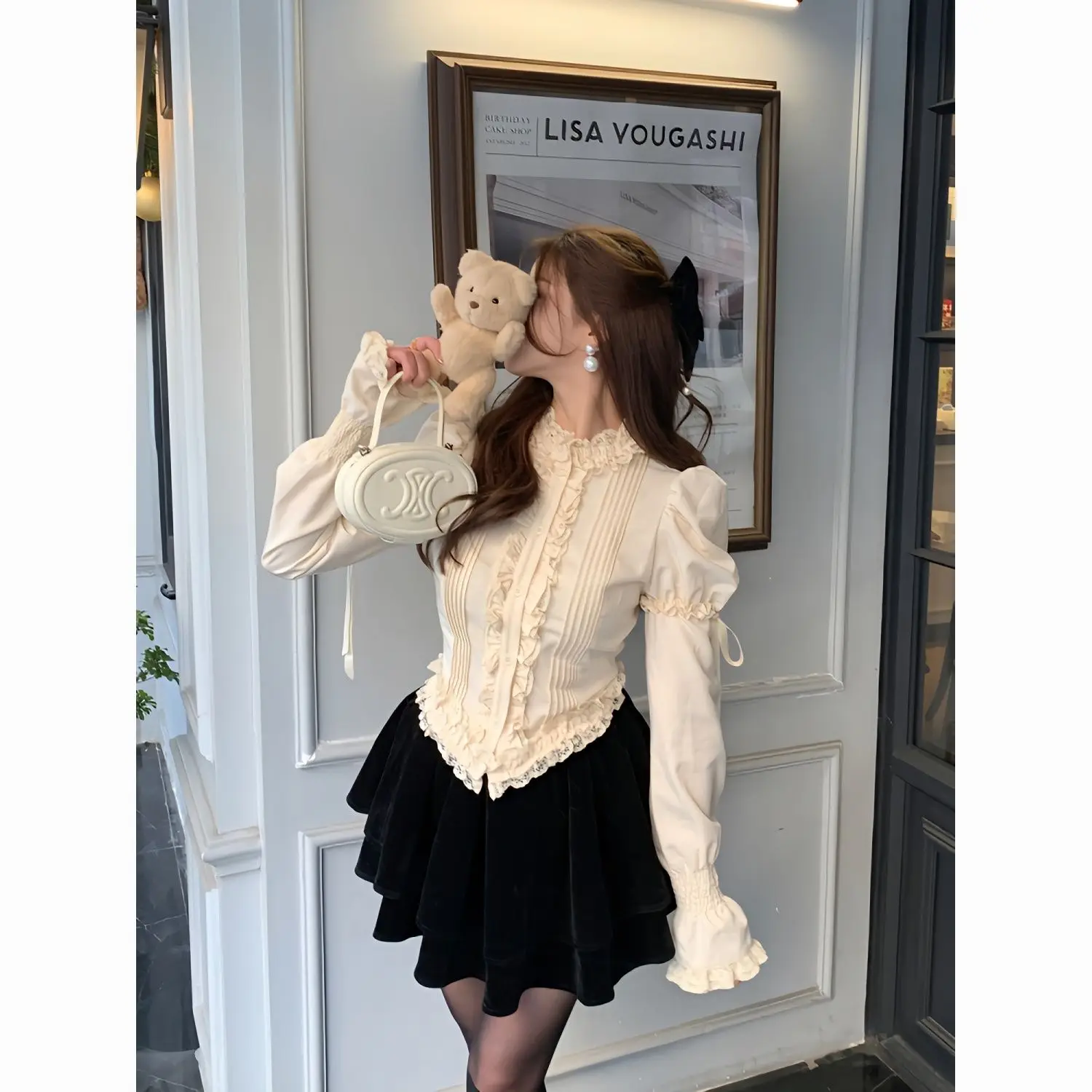 

Japanese Fairycore Slim Pleated Sweet Tunics Puff Sleeve Tops Lolita Blouses Kawaii Women Shirts Lace Camisas De Mujer