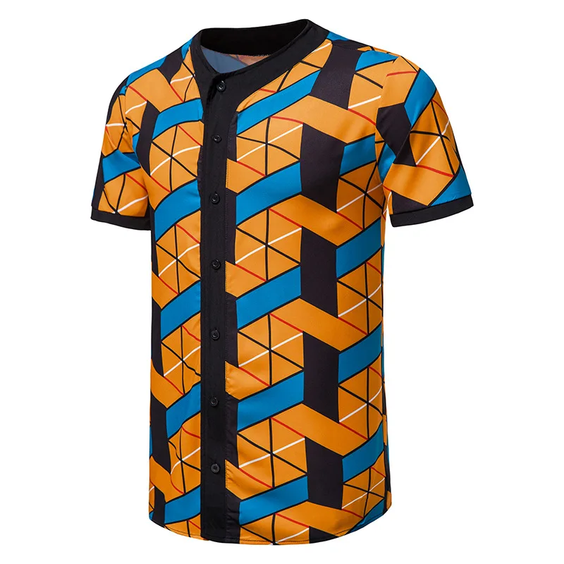 

Men's T-shirt African Printed Patchwork Baseball Short Sleeved Button Up Shirt