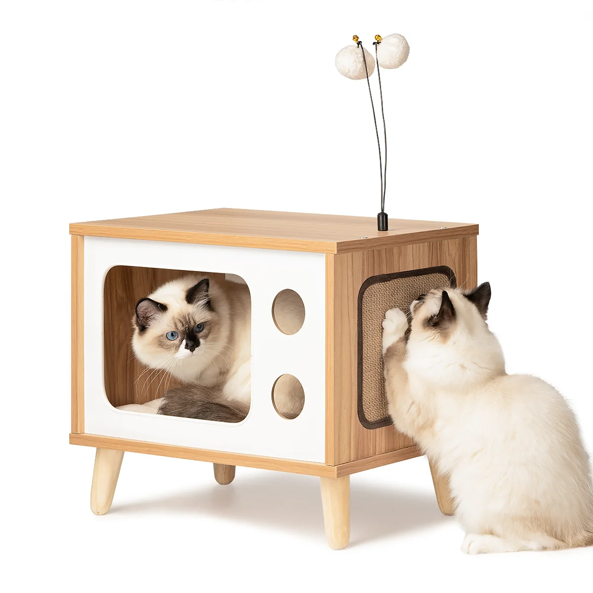 

Mewoofun Cat House Wooden Condo Bed Indoor TV-Shaped Sturdy Large Luxury Cat Shelter Furniture with Cushion Cat Scratcher US
