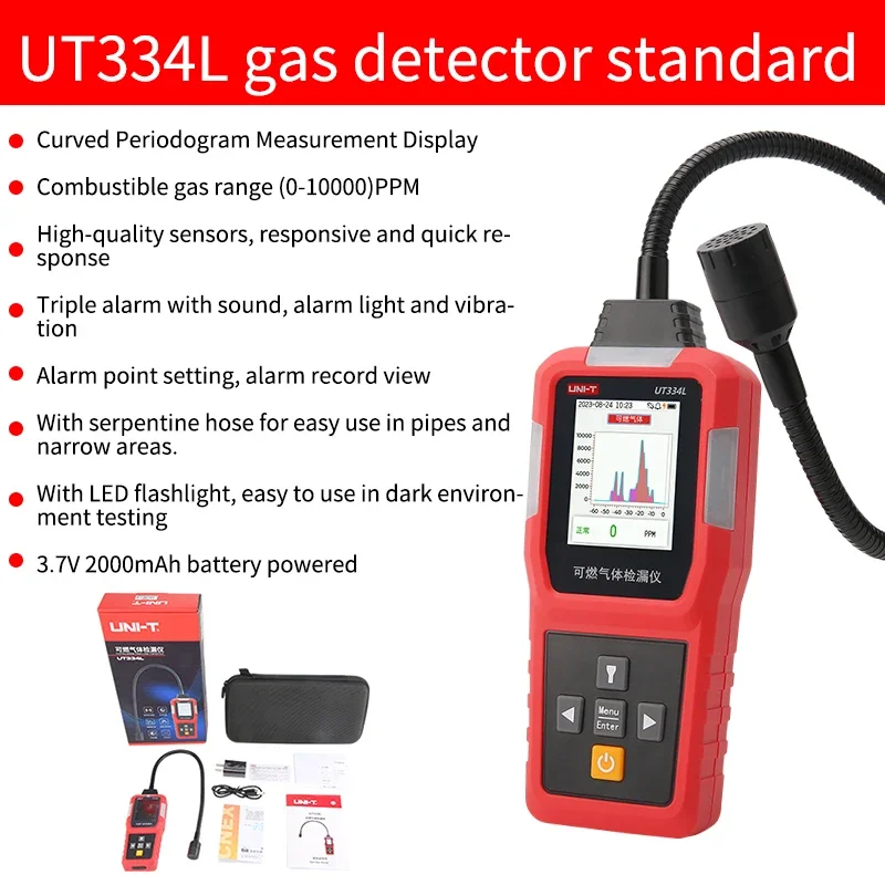 

Детектор Утечки горючих газов UNI-T UT334L, детектор легковоспламеняющихся природных веществ, детектор LPG, звуковой сигнал с гибким зондом