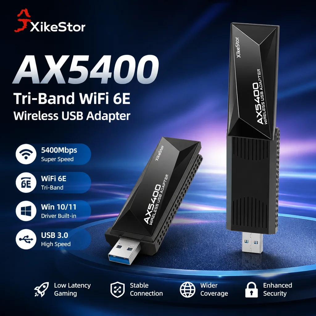 Фото USB-адаптер XikeStor WiFi 6E для игр, трехдиапазонный беспроводной донгл 6 ГГц, антенна с высоким коэффициентом усиления, низкая задержка, Plug & Play для Windows №1