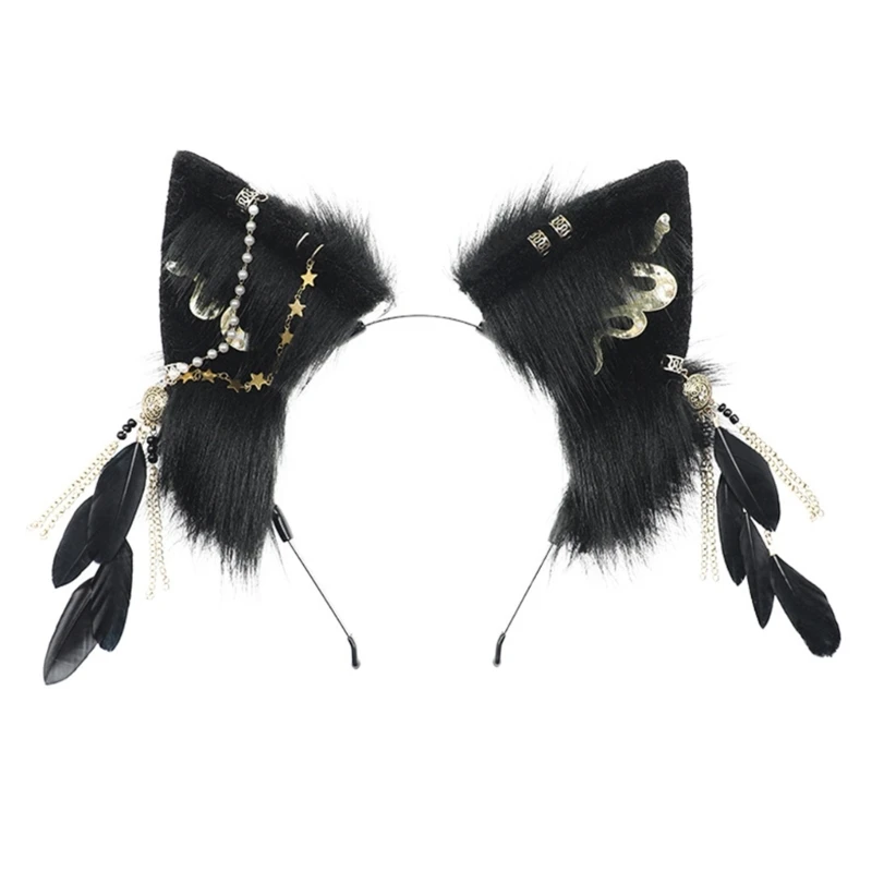 

Furry Cats Ears Headband Feathers Tassel Plush Animal Ears Gothics Accessory