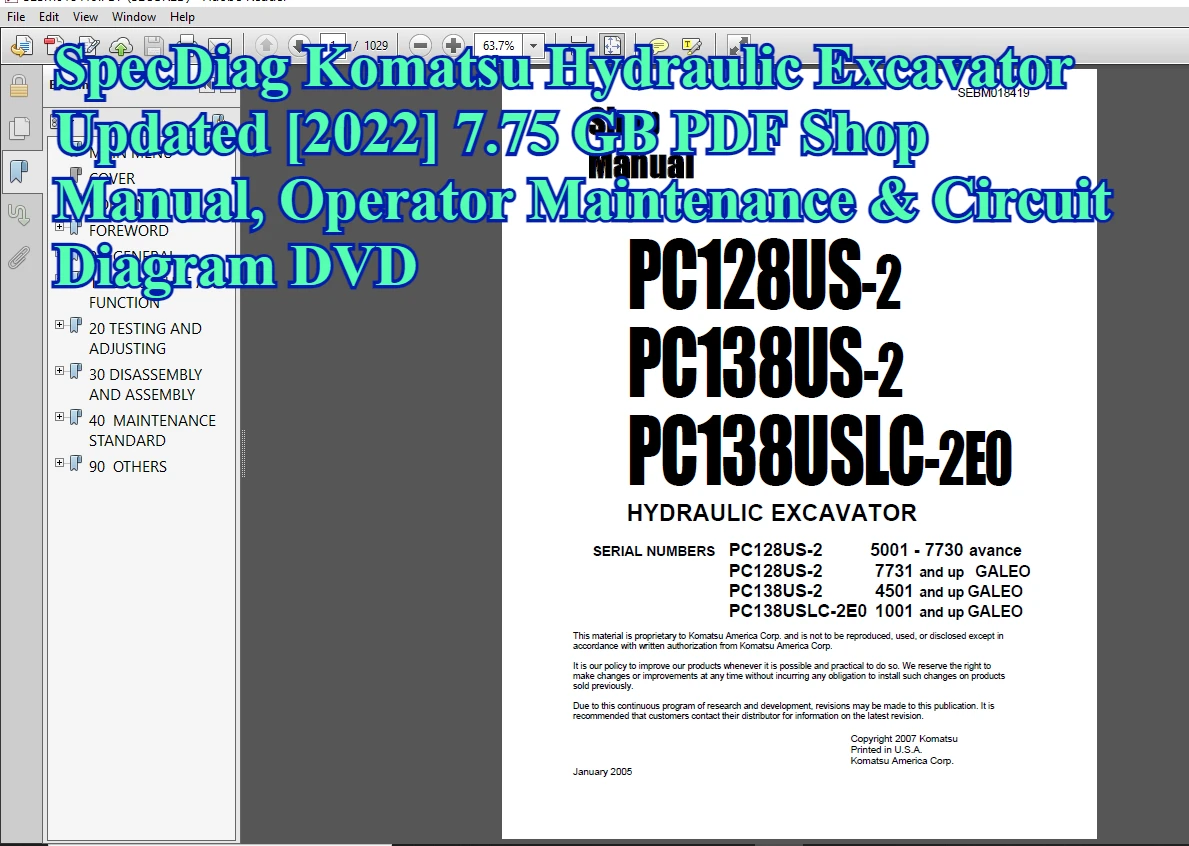 Фото Обновленный гидравлический экскаватор SpecDiag Komatsu [2022] 7,75 ГБ PDF По руководство магазина, обслуживание оператора и схема DVD №1