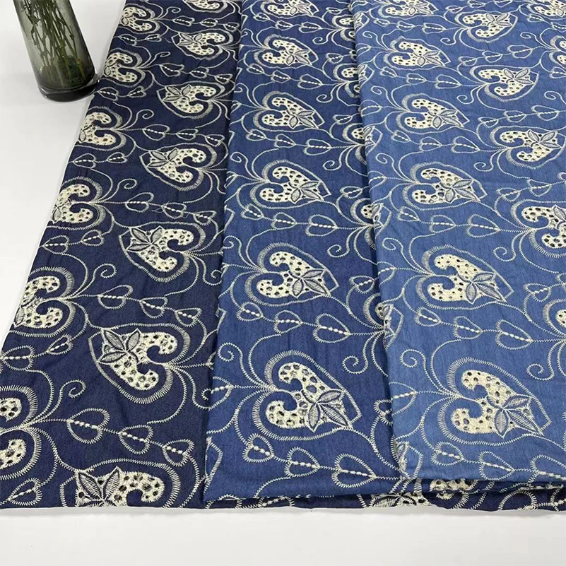 Denim Fabric Thin Heart Embroidered Polyester Cotton for DIY Handmade Clothes Dresses by Half Meter