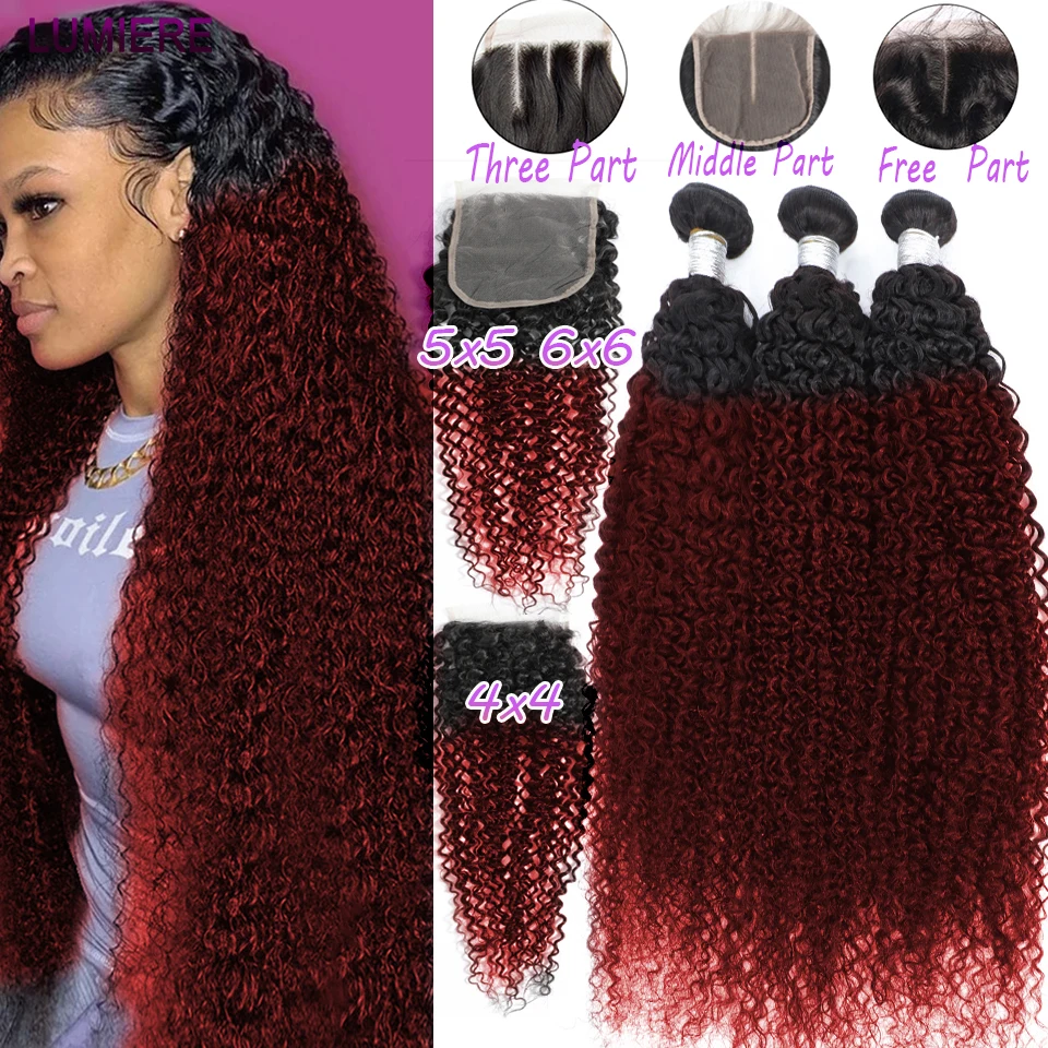 

1B/99 Colored Kinky Curly Human Hair Bundles With Closure Ombre Deep Water Wave Hair Bundle With Frontal Closure 5x5 6x6 HD Lace