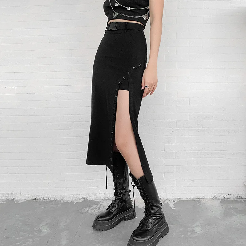 

Gothic Harajuku Black Skirt Goth Punk Buckle High Waist Split Skirt Grunge Kpop Sexy Hollow Out Midi Skirt Women Streetwear 2021