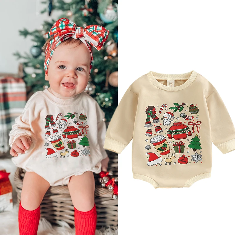 

Baby Christmas Romper, Cute Cartoon Print Long Sleeve Round Neck Bodysuit