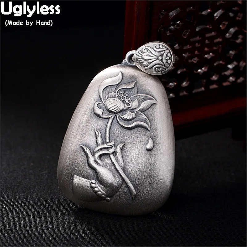 

Uglyless Buddha Hand Lotus Water Drop Pendants for Women Real 99.9% Full Silver Heart Sutra Necklaces NO Chains Buddhism Gifts