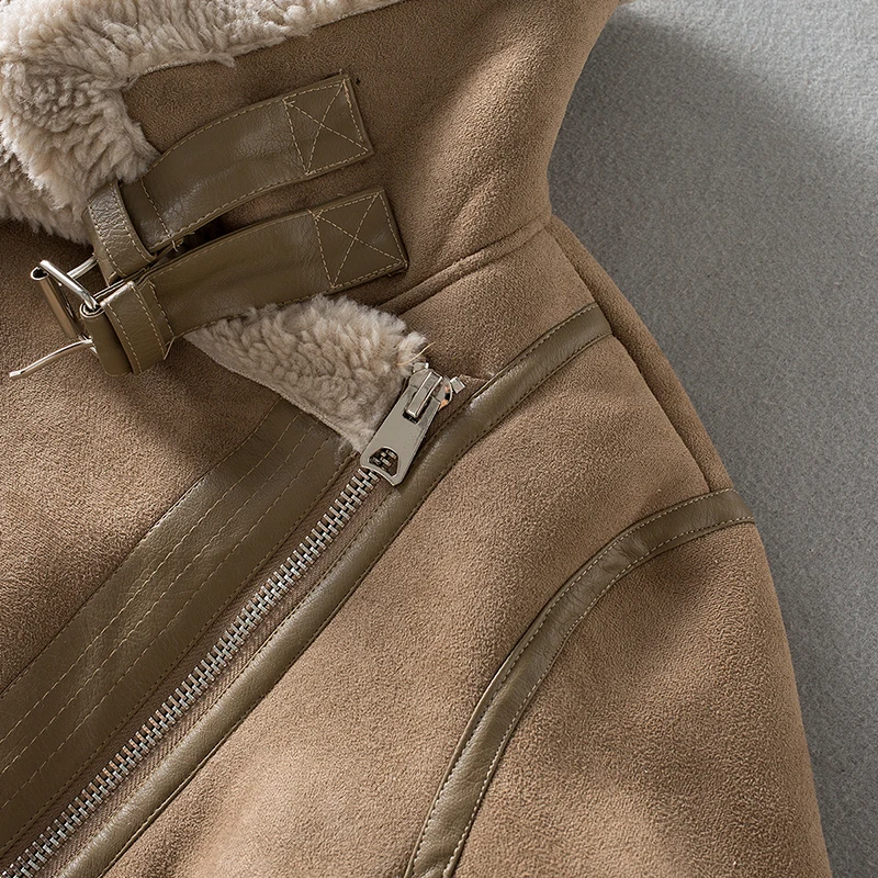 New Winter Women Thick Warm Faux Lamb Leather Jacket with Belt Streewear Suede Turndown Collar Moto Biker Coat Outwear Leather