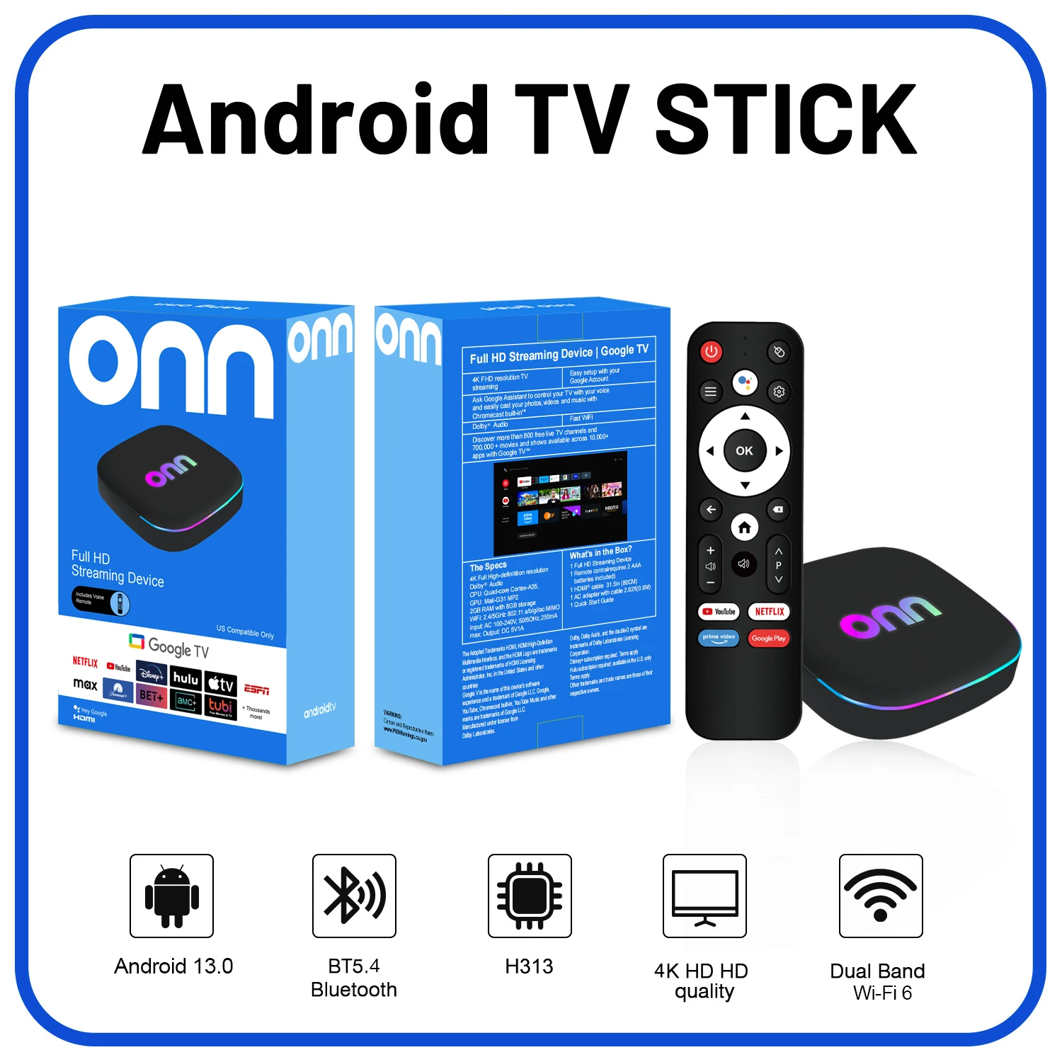 ТВ-приставка Onn 4K Android 13 Smart TV Box 4K Quad Core с поддержкой 5G, 8 ГБ ОЗУ, 128 ГБ ПЗУ и голосовым пультом для потокового воспроизведения медиа (art.: 3920dbd7a8ae7) - 3920dbd7a8ae7