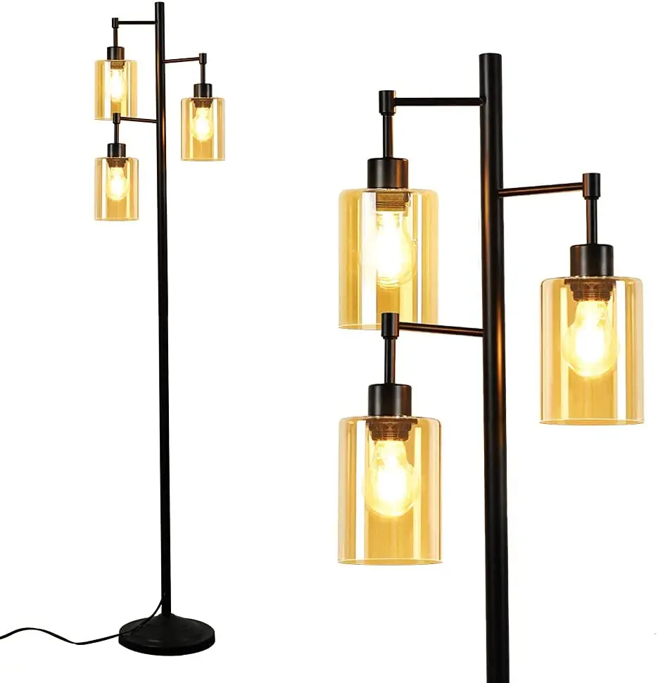 

3-Light Industrial Floor Lamp with Elegant Amber Glass Shade (3 LED Bulbs Included) Black E26 Light Base