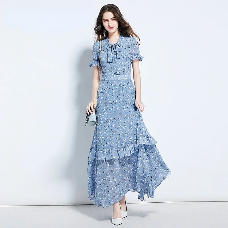 

New Chiffon Floral Dress Long Slim Temperament Female Blue Big Swing French Dresses for Women