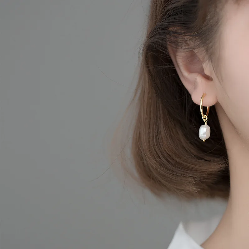 

Genuine 925 Sterling Silver Geometric Sweet Baroque Pearl Hoop Earrings For Women Charms Party Korean Fashion Jewelry Gift