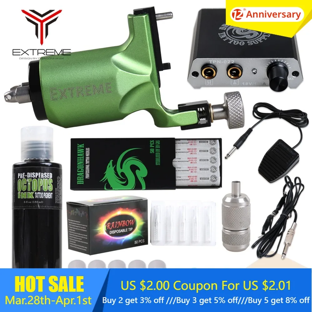 

Dragonhawk Extreme Rotary Tattoo Kit Machine Power Supply OCTOPUS Ink Needles D3014