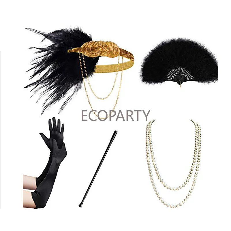 Бальное платье Великий Гэтсби 1920-х годов в комплекте с винно-красным перьевым