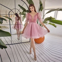 lovely pink dot tulle short engagement evening dress for woman v neck with beads sleeve corset wedding guest party gown formal