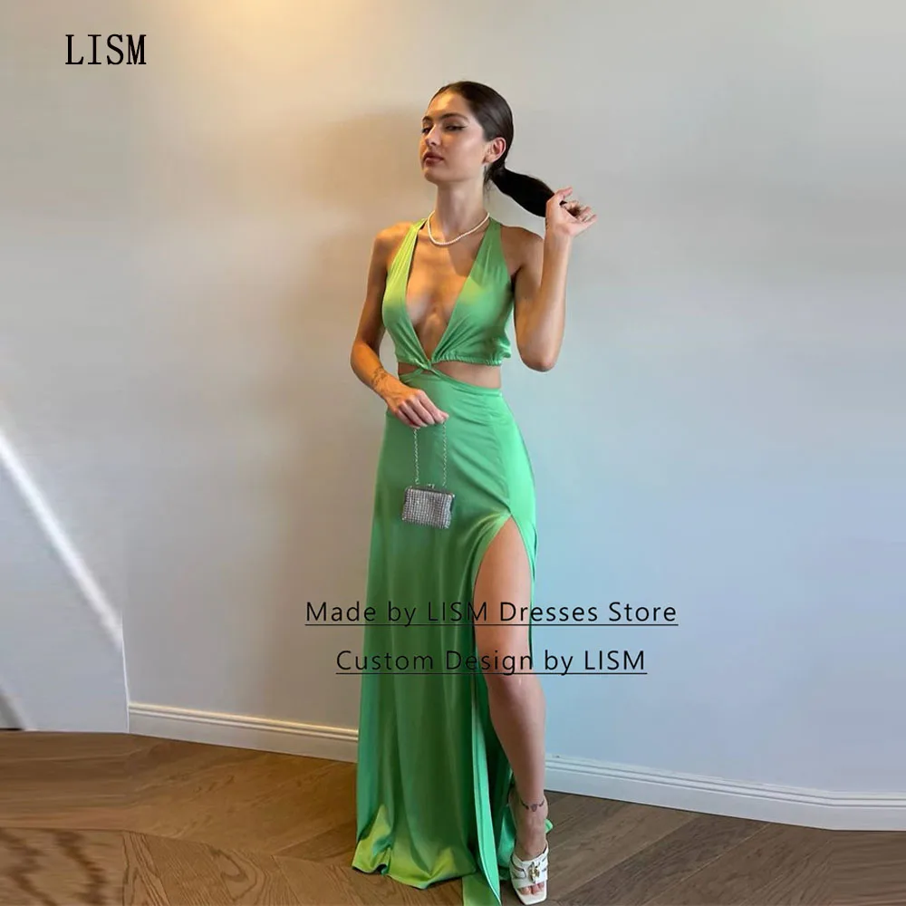 

LISM Green Deep V-neck Sexy Cocktail Night Party Dress Side Slit Floor Length Hollow Beach Zipper Back Evening Abendkleider 2023