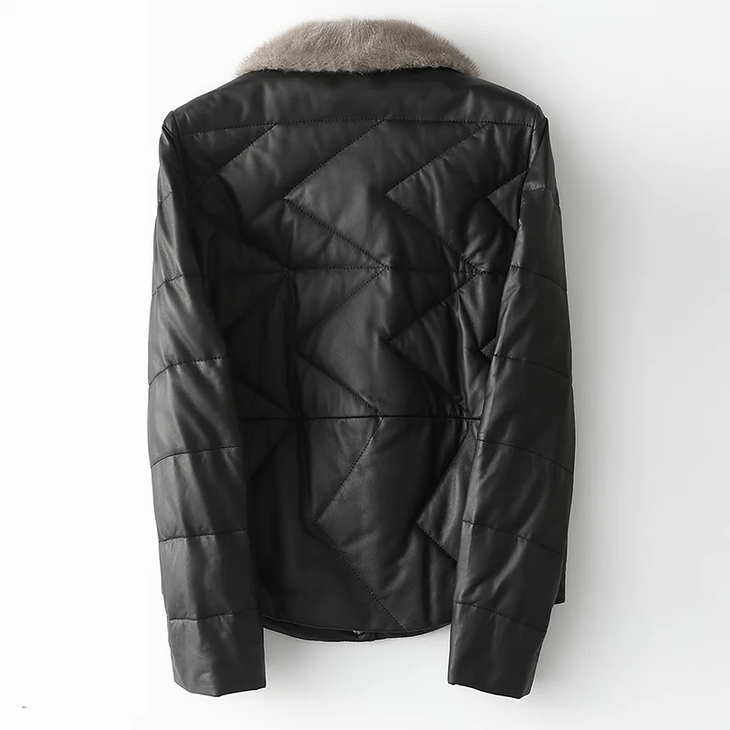 Winter New High Quality Natural Leather Coat Women Short Slim Fashion Mink Fur Collar PU Jacket Female Double-faced