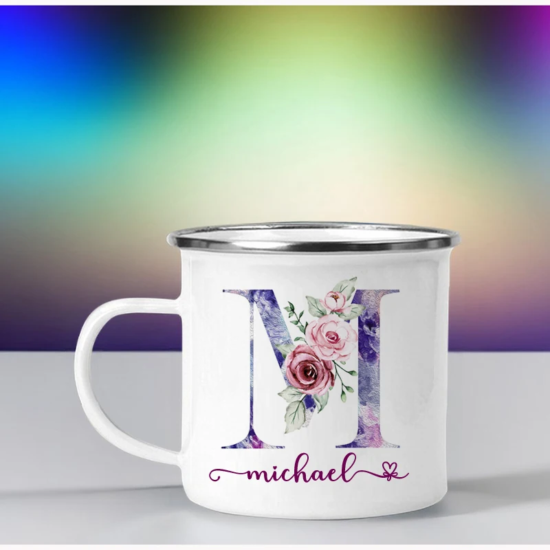 

Personalized Mug Floral Initial Cup Custom Name Tea Coffee Hot Chocolate Enamel Mugs Grandma Mothers Day Gifts 12OZ Dropshipping
