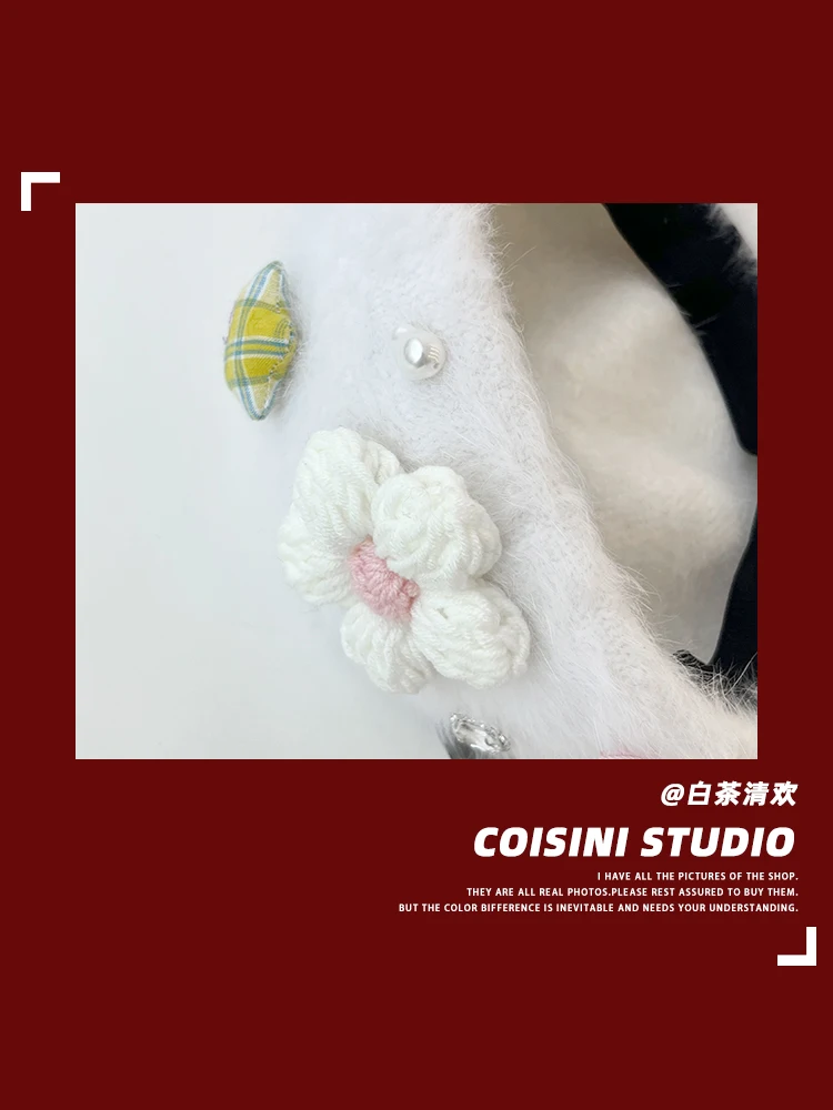 Новинка 2024 милая шапка с имитацией кроличьего меха и цветами модная