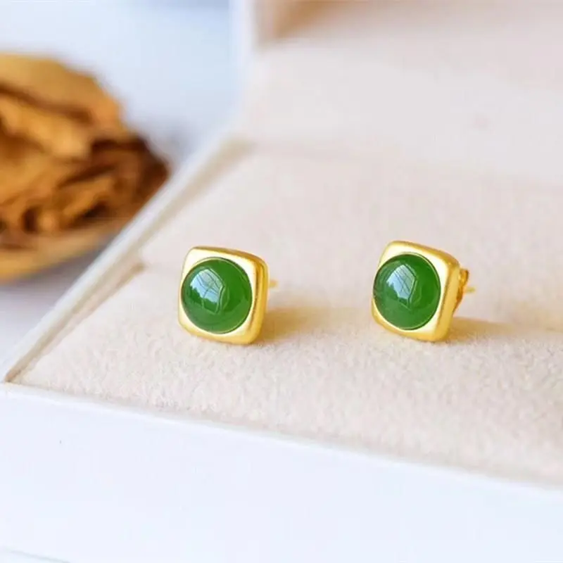 

S925 Sterling Silver Inlaid Natural Stone Green Ear Studs Earrings Women's Small Design Temperament Women's Jewelry Birthday