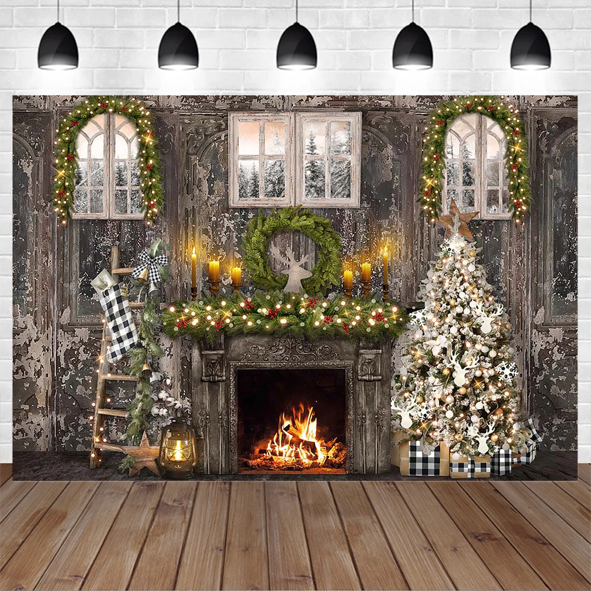 

Mocsicka Photography Background Reter Fireplace Brick Wall Christmas Decor Xmas Tree Gift Backdrop Baby Family Studio Portrait